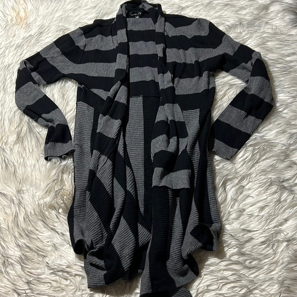 RXB Women Size Medium Gray Black Striped Cardigan Long